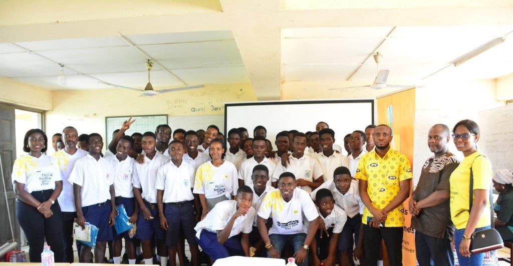MTN Team in a group picture with some of the male students at Presby Senior High School Osu