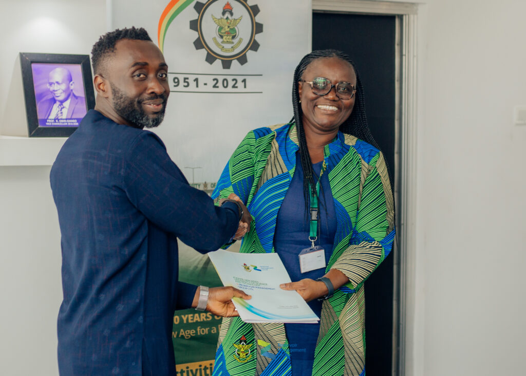 Nana Akwasi Ankamah - Managing Director (RMG), left, shaking hands with Prof. Rita Akosua Dickson Vice Chancellor (KNUST), right