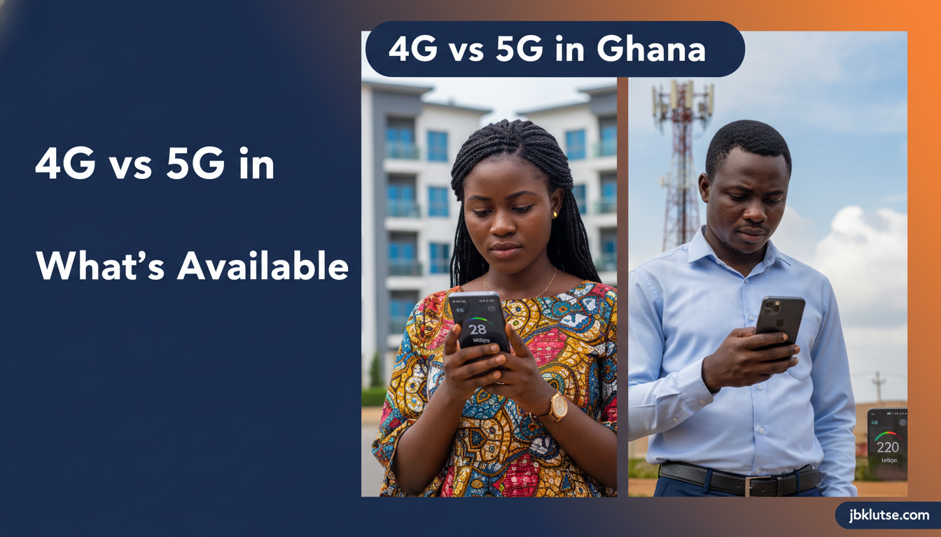 4G vs 5G in Ghana: Coverage, Speed & Cost (2026) 1 5g ghana: A split-screen editorial photograph showing two real Ghanaian mobile phone users side by side on a clean gradient…