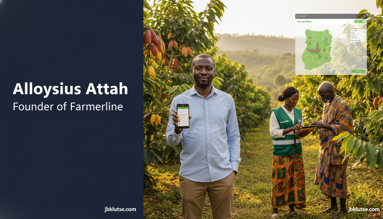 Alloysius Attah, Farmerline Founder: Full Profile (2026) 1 farmerline founder: A Ghanaian man in his late 30s stands in a cocoa farm in Ashanti Region, wearing a casual button-down…