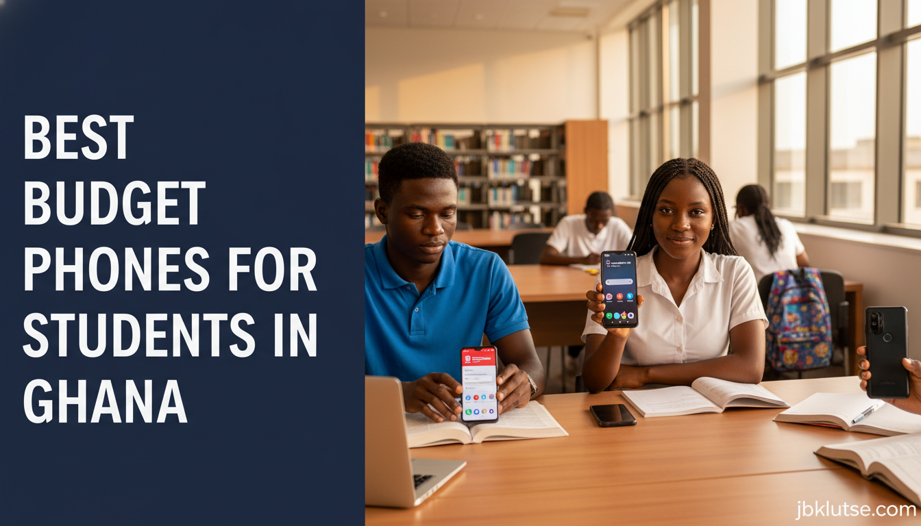 student phones ghana: Photorealistic scene in a bright, modern university library at KNUST or University of Ghana, shot…