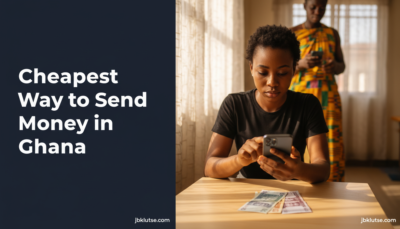 Cheapest Way to Send Money in Ghana (2026) 1 cheapest way send money ghana: A close-up editorial photograph of a young Ghanaian woman in her late twenties sitting at a…