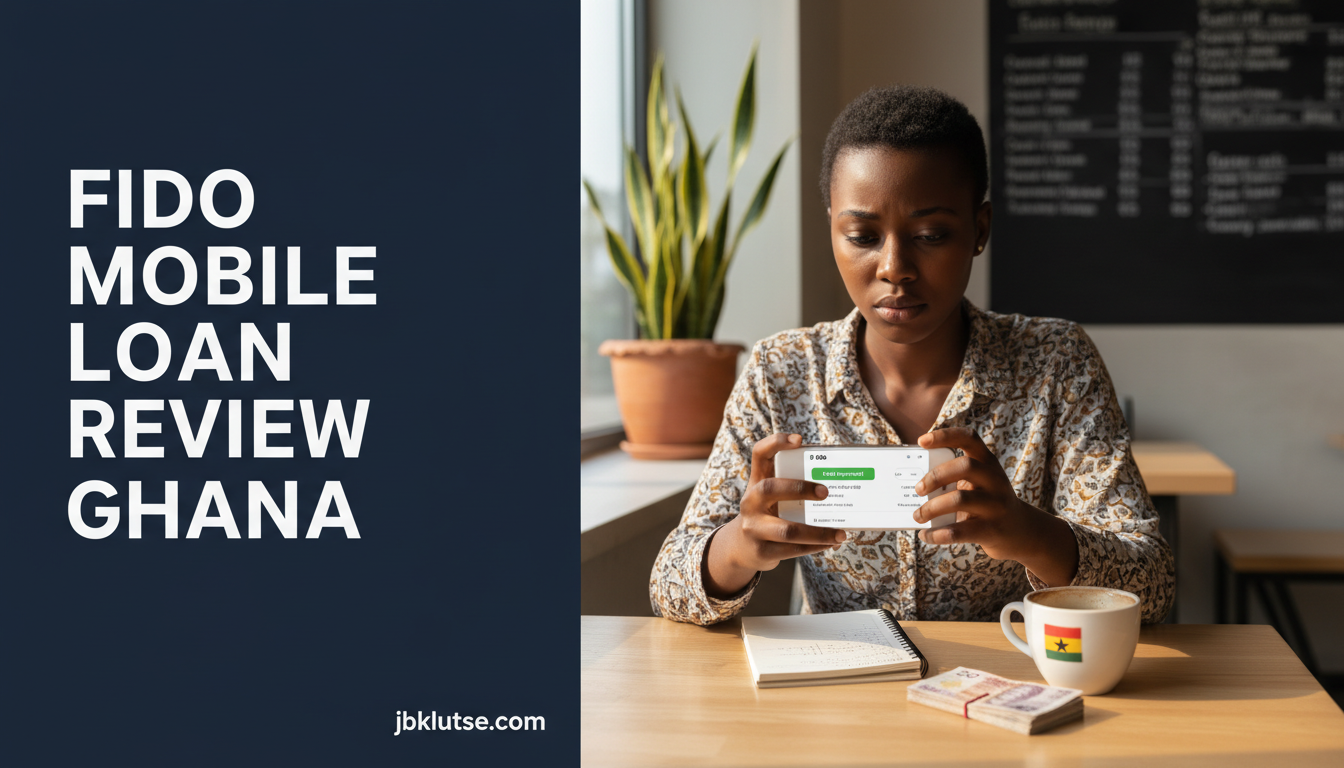 Fido Ghana Review: Loan Rates, Limits & How It Works (2026) 1 fido ghana review: A young Ghanaian woman in her late 20s sits at a wooden table in a modern Accra café, morning light…