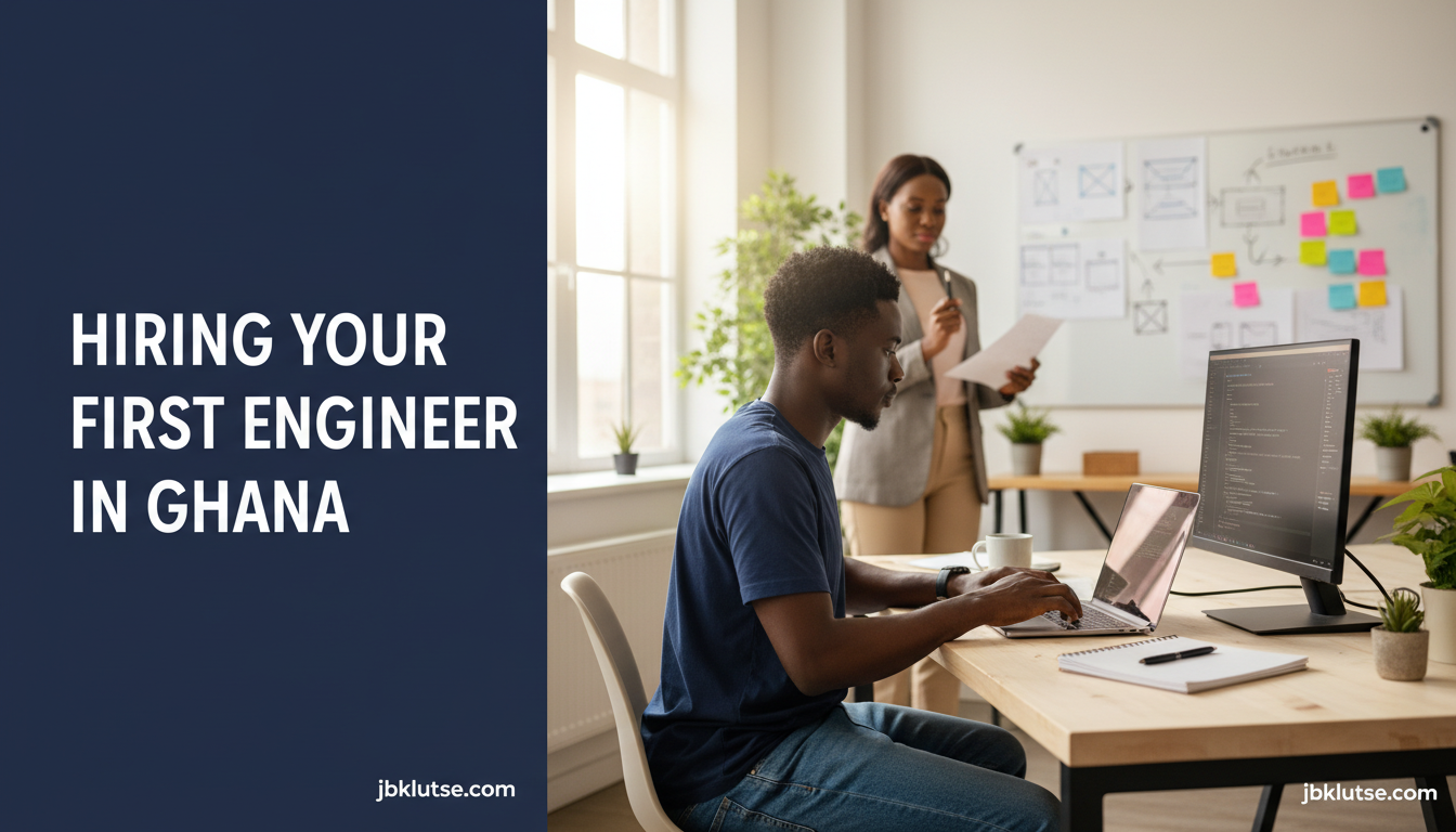 hire developer ghana: A photorealistic editorial photograph taken inside a bright, modern co-working space in Accra,…