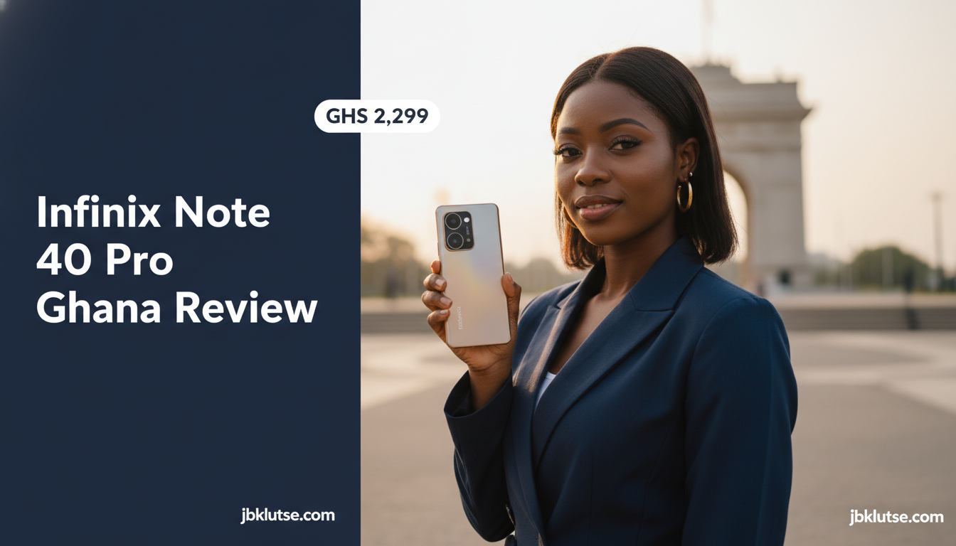 Infinix Note 40 Ghana Review: Worth GHS 2,299 in 2025? 1 infinix note 40 ghana: A young Ghanaian professional in her late twenties, wearing a tailored navy blazer and gold…