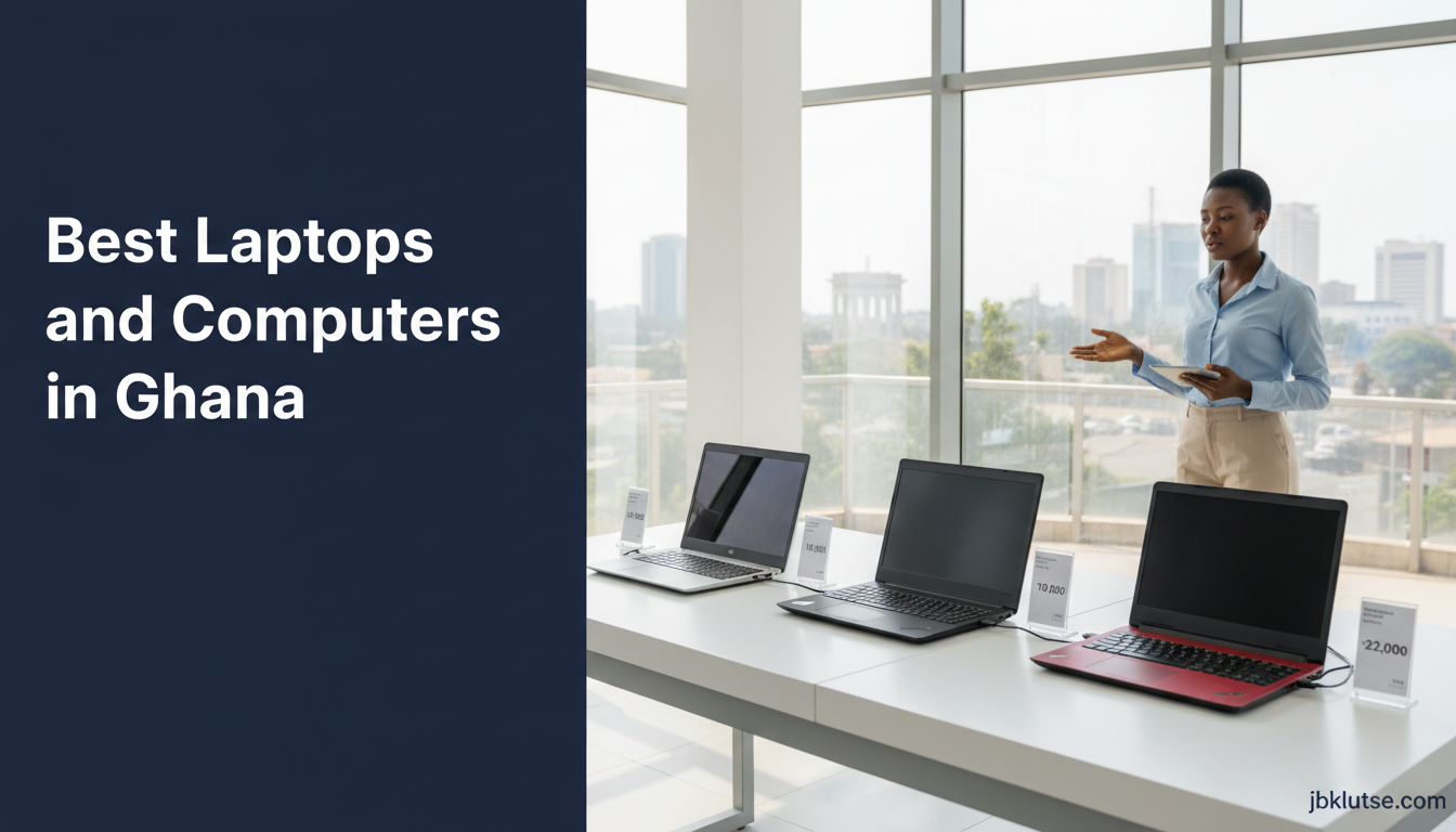 best laptops ghana: A bright, modern tech retail showroom in Accra, wide-angle view showing three open laptops arranged on…