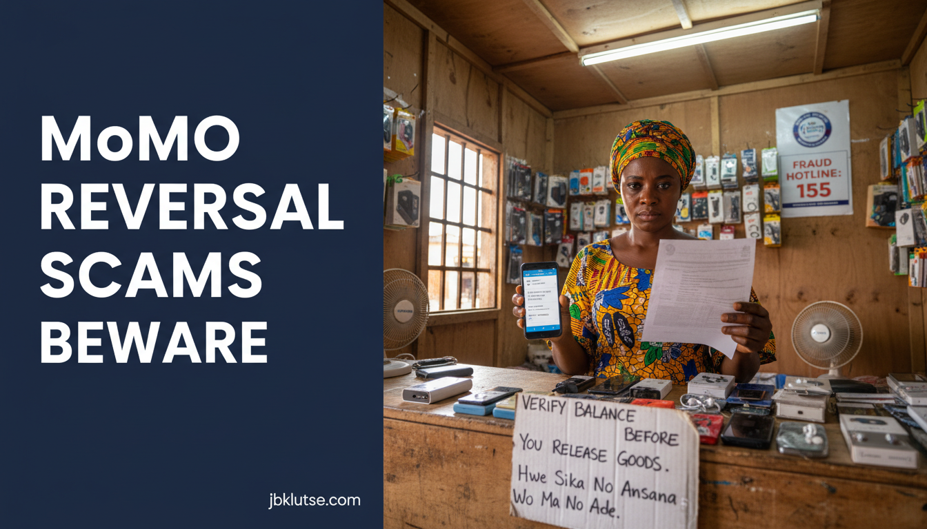 momo reversal scam: A Ghanaian market trader in her 30s, wearing a colorful kente-print headwrap, stands behind a wooden…
