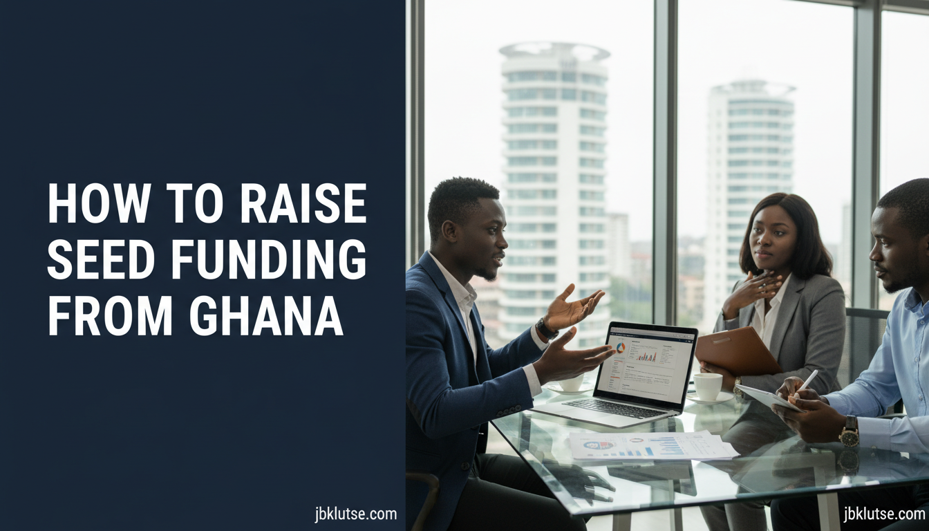 How to Raise Seed Funding from Ghana (2026 Guide) 1 seed funding ghana: Photorealistic editorial photo of a young Ghanaian founder in a modern Accra co-working space…