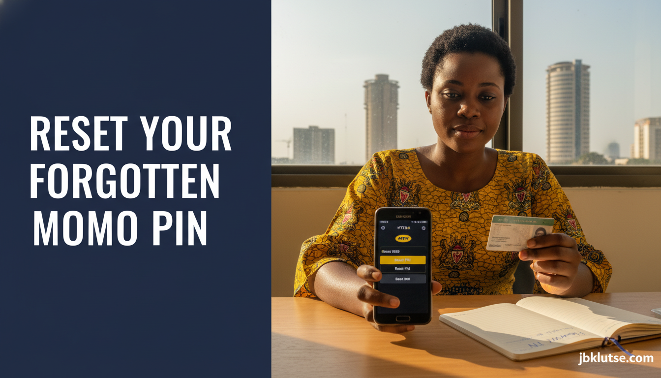 forgot momo pin: A 28-year-old Ghanaian woman sits at a wooden table in a sunlit Accra apartment, holding her Samsung phone…