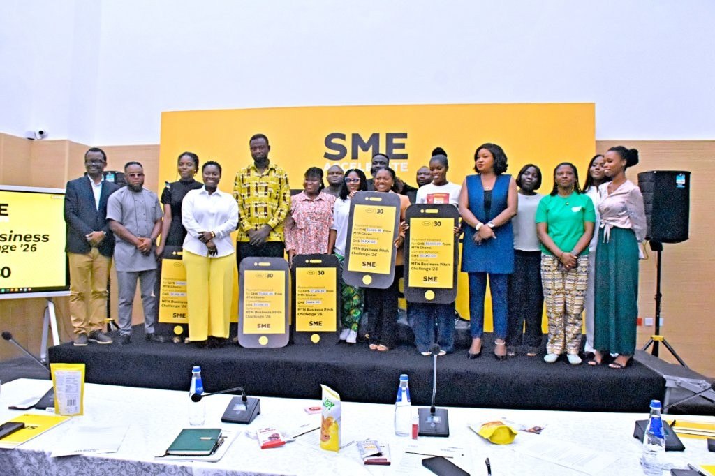 MTN Business Empowers Smes With Ghs160,000 in Prizes Through Business Pitch Competition 4 Finalists and judges in a group photograph after the prize presentation