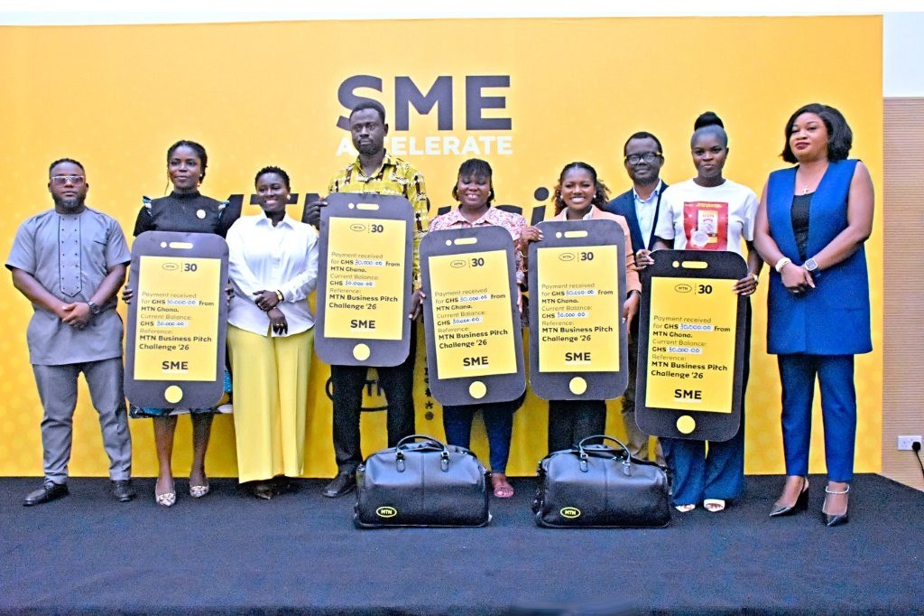 MTN Business Empowers Smes With Ghs160,000 in Prizes Through Business Pitch Competition 6 The top five finalists with the judges following the prize presentation